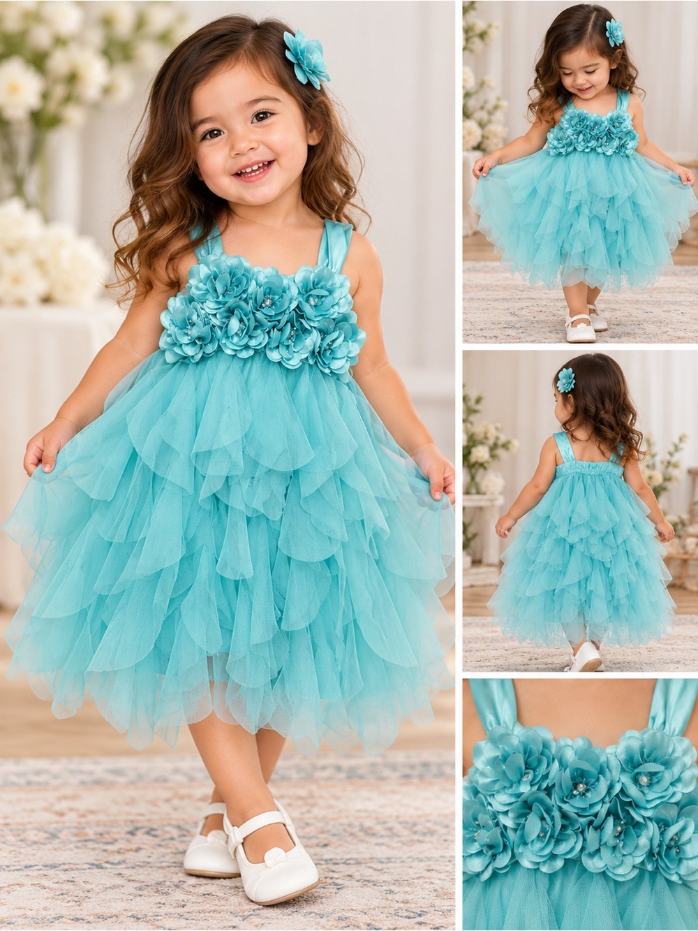 Biscotti Dress Size 5 Turquoise Floral Tulle Ruffle Party Pageant